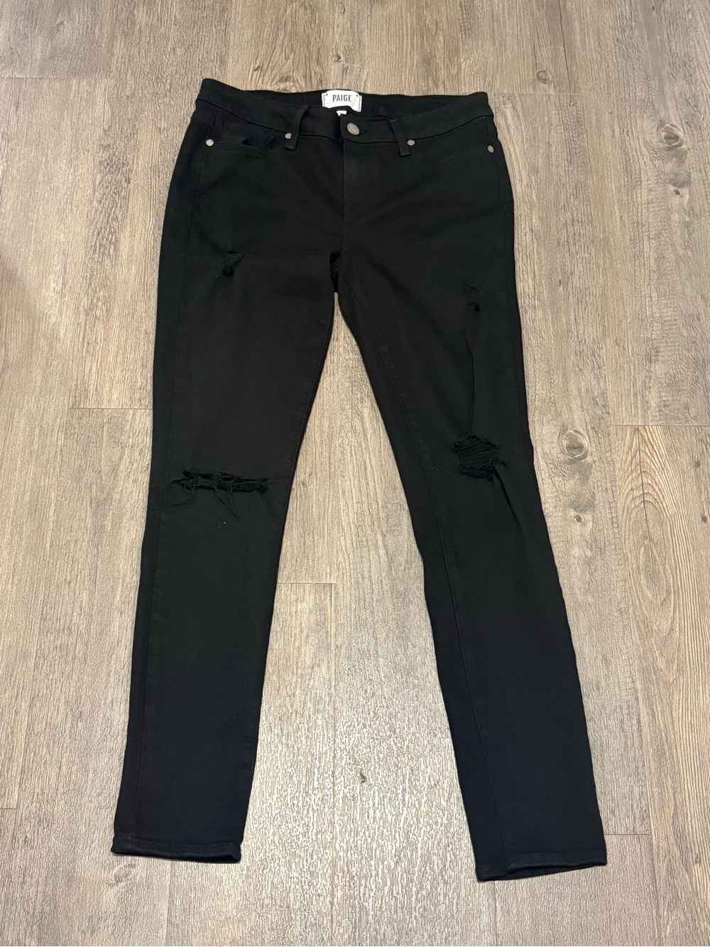 PAIGE Verdugo Ankle Skinny Jeans Black Distressed Knee Stretch Size 30 NWOT